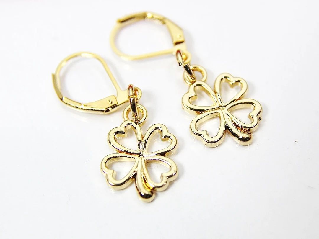 Gold Plated Shamrock Clover Charm Earrings, Shamrock Clover Jewelry, Mother's Day Jewelry, Mother... | Etsy (US)