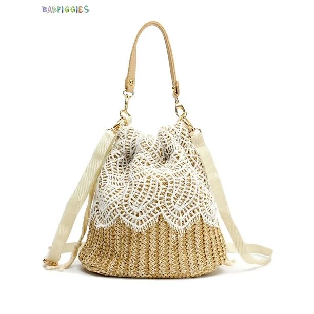 BadPiggies Women Straw Bucket Handbag, Summer Bohemia Beach Tote Bag Top Handle Travel Woven Purs... | Walmart (US)