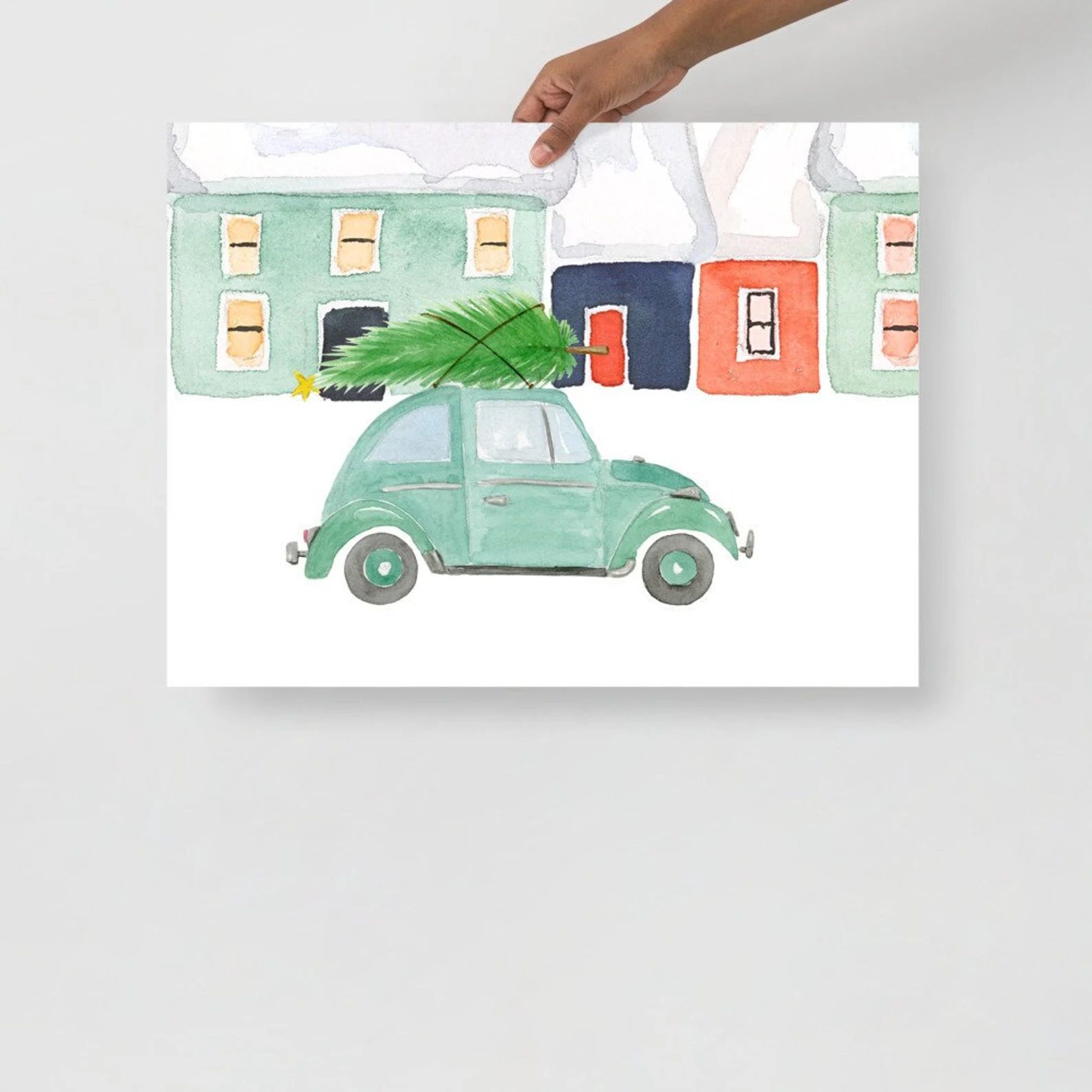 Volkswagen Beetle With Christmas Tree Water Color Art Print | Etsy (US)