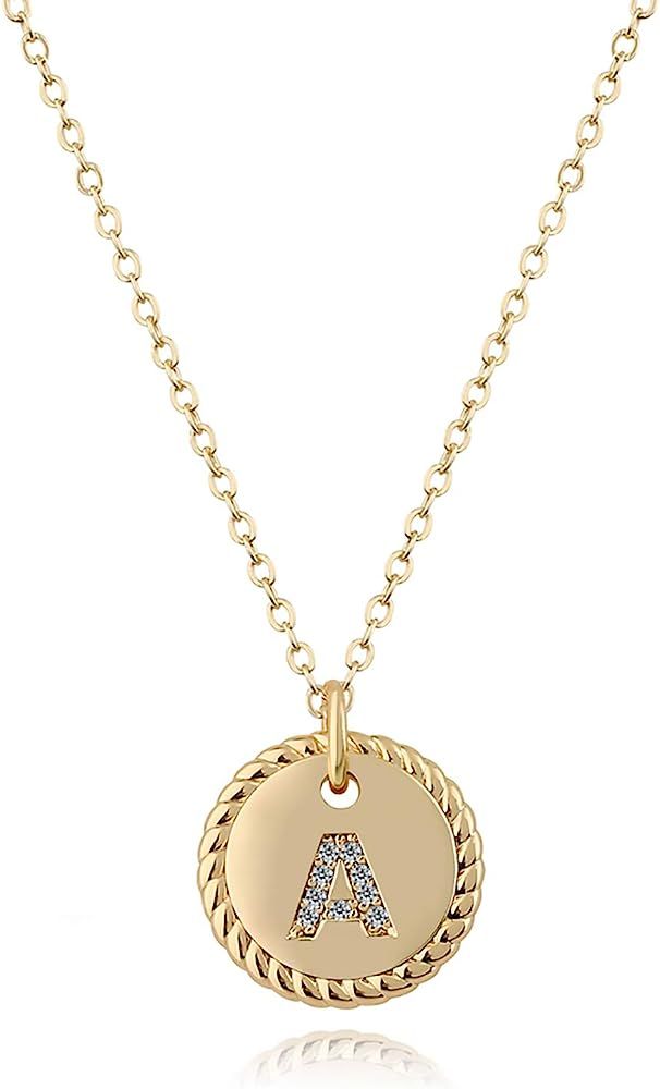 Fettero Disc Necklace Gold Initial Diamond CZ Pave Letter Coin Pendant Dainty Chain 14K Gold Plat... | Amazon (US)