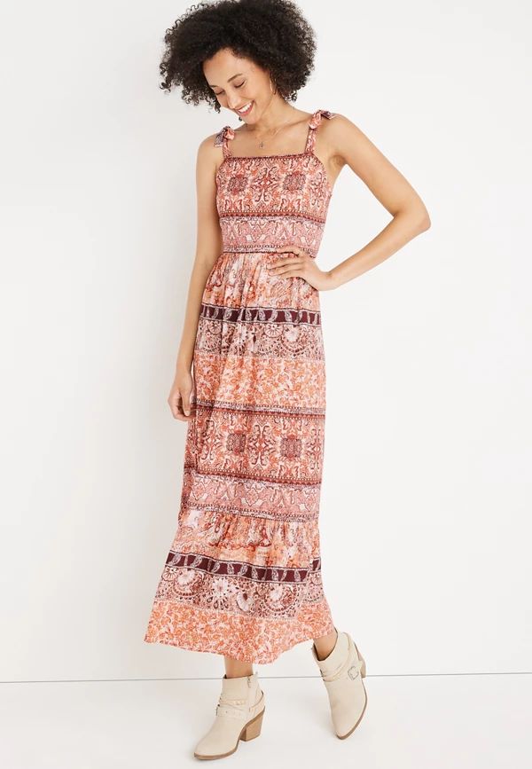 Mixed Print Shoulder Tie Maxi Dress | Maurices
