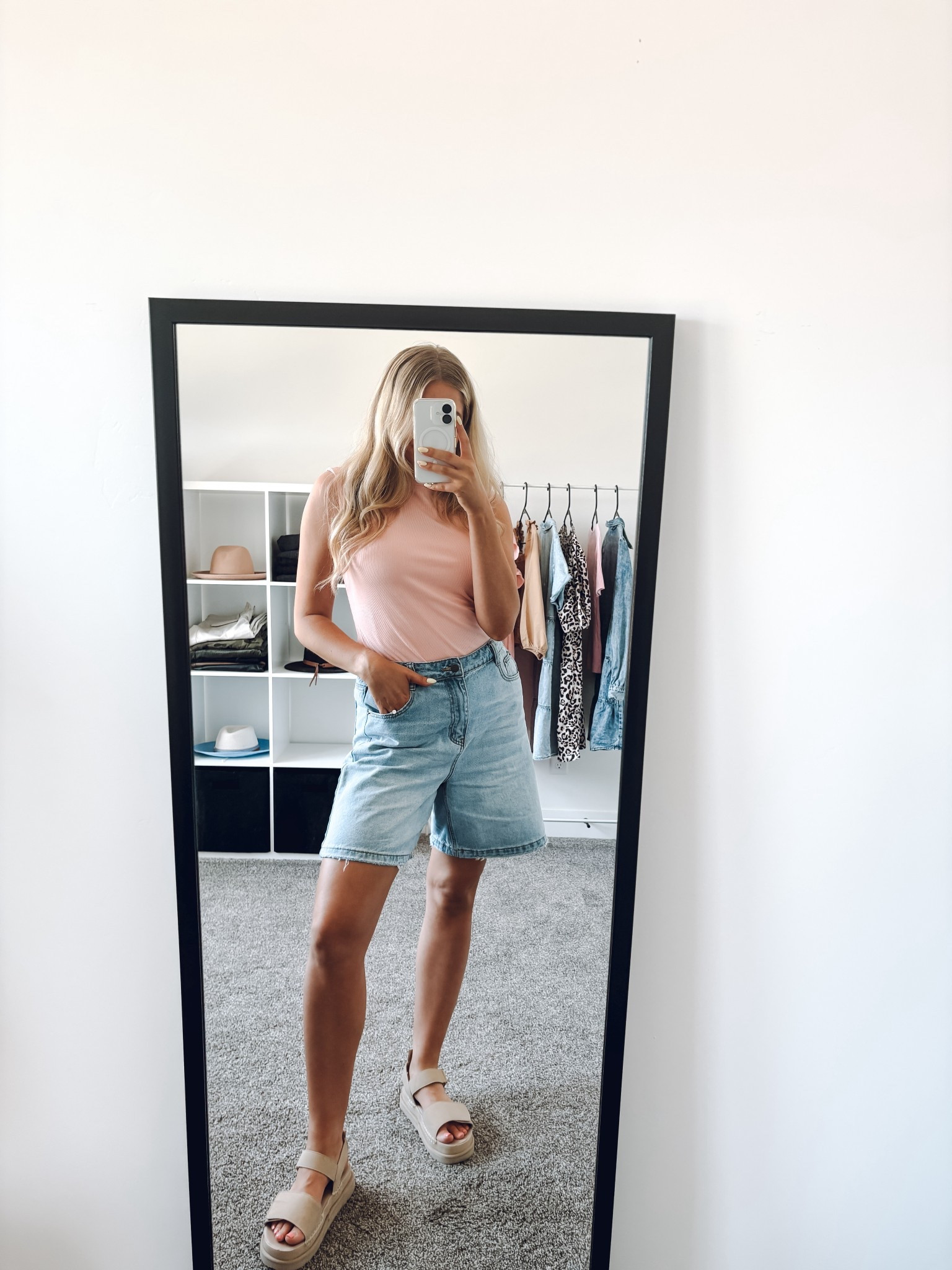 summer outfit! 
top: true to size, lots of colors
Jean shorts: wearing usual M
Sandals: true to size

| summer outfit | jean shorts | mid length shorts | women’s sandals 