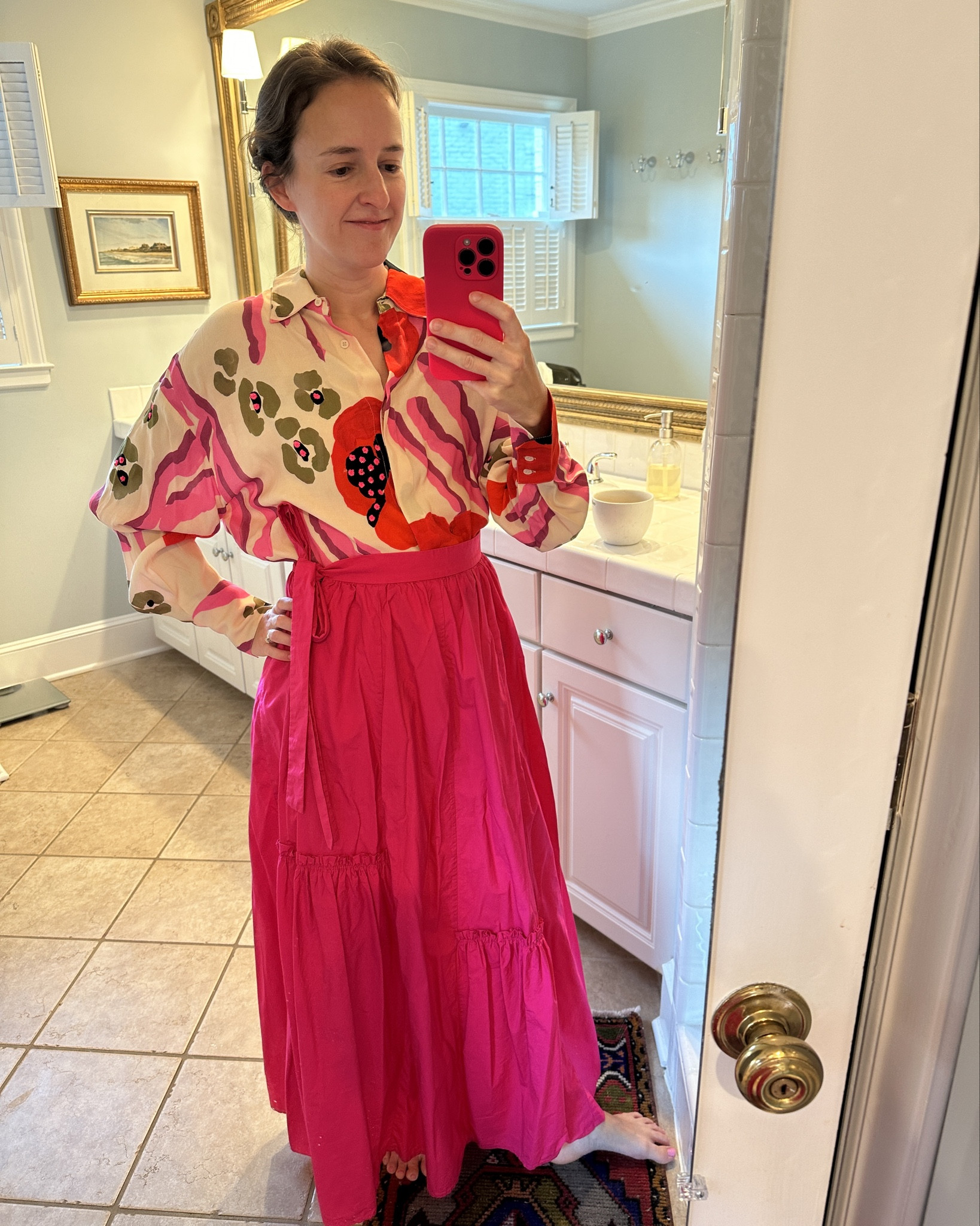I got this shirt on sale at Nieman Marcus and it’s so good!! The hot pink sequins 🥰 With pants or tucked into a skirt, so cute!! Would be so cute under a dress or vest too...