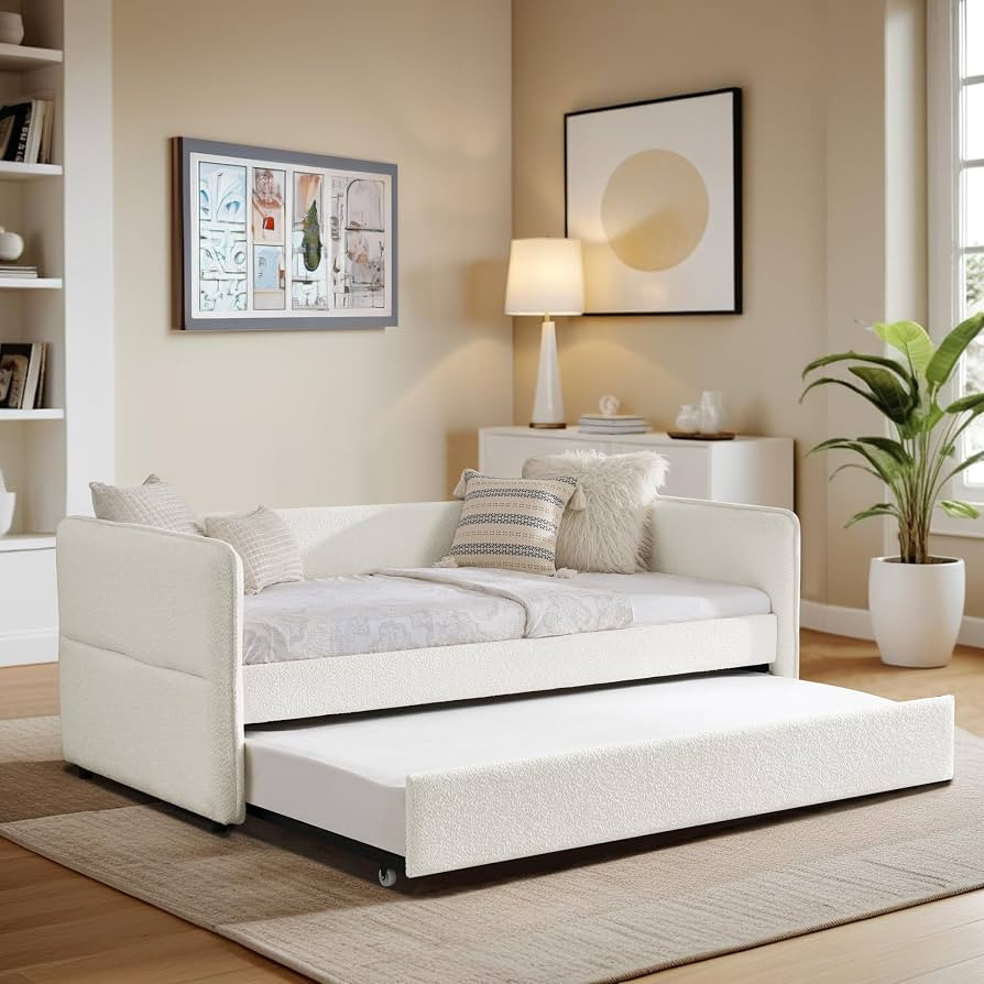 Twin Size Daybed with Trundle, Upholstered Boucle Fabric Day Bed Frame with Twin Roll-out Trundle... | Amazon (US)