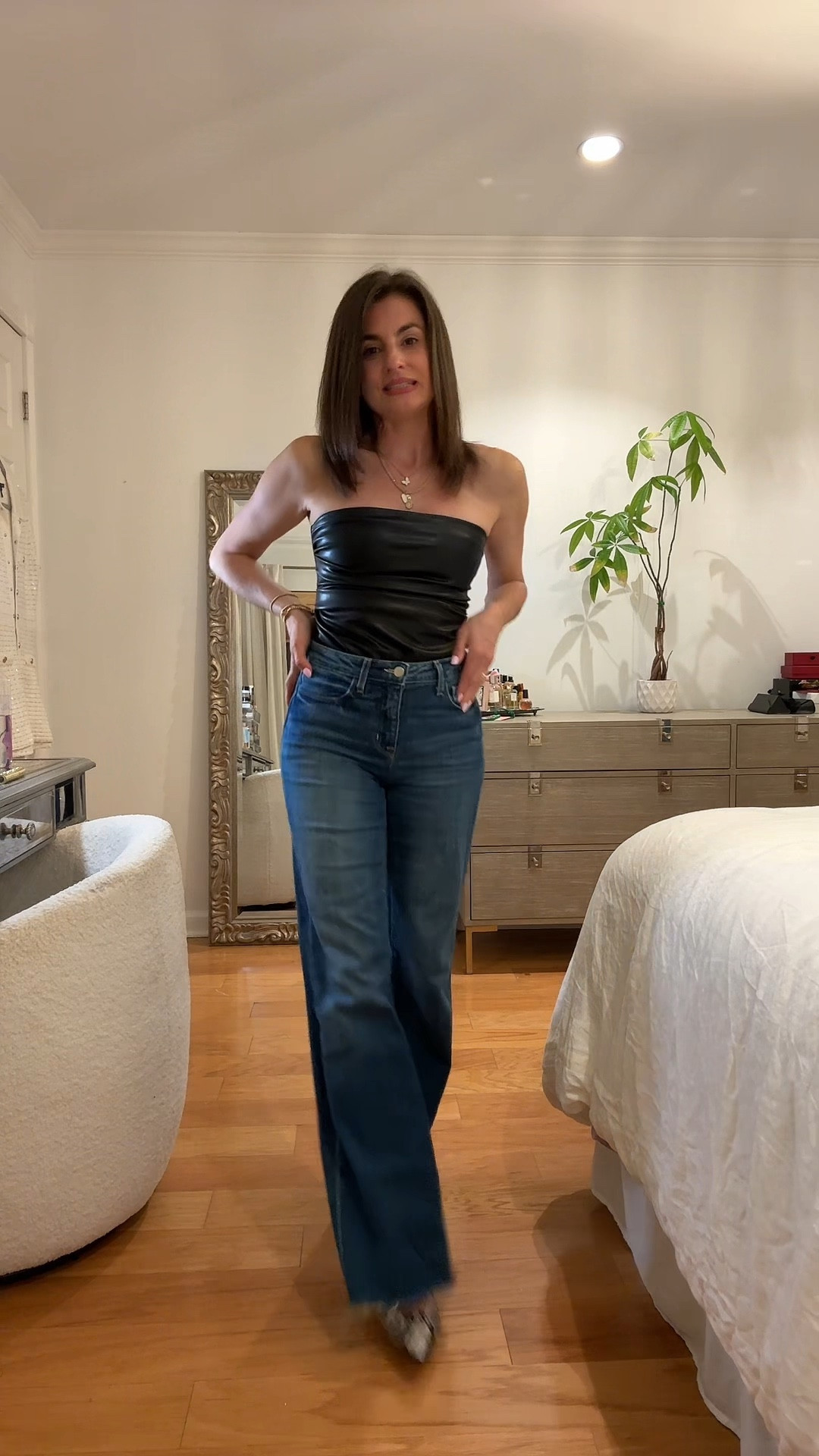 Leather top and jeans for Saturday night dinner outfit 