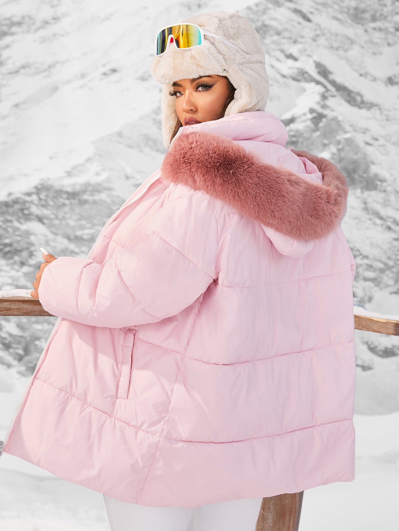 Plus Fuzzy Trim Hooded Winter Coat | SHEIN