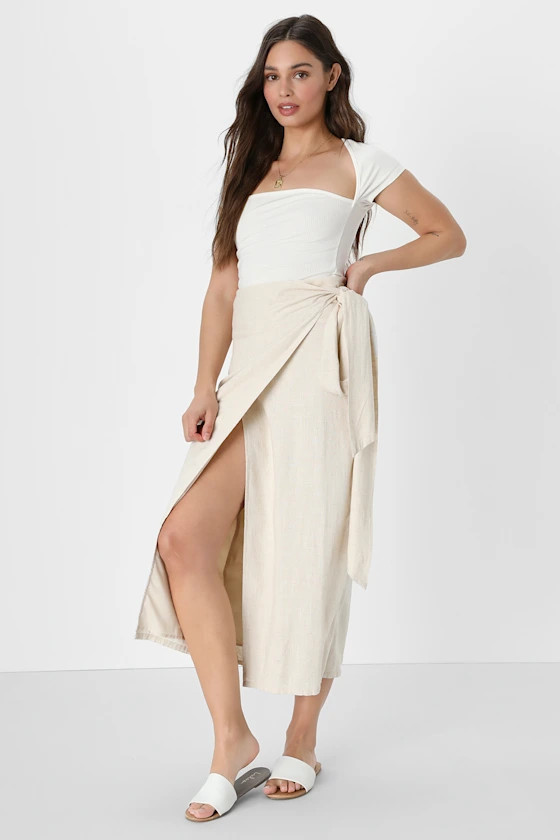 Breezy Personality Beige Linen Midi Wrap Skirt | Lulus (US)