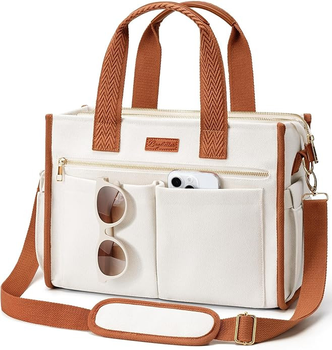 Canvas Tote Bag for Women, 15-Pocket Large Crossbody Handbag Bible Laptop Bag Zipper Bookbag for ... | Amazon (US)