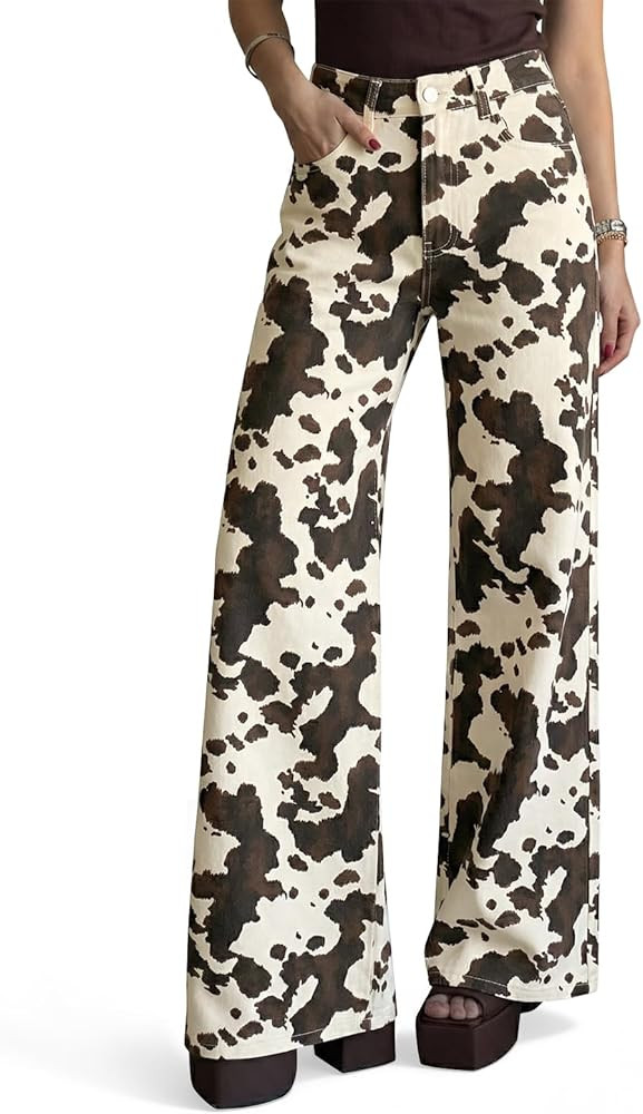 Cicy Bell Womens Wide Leg Jeans High Waisted Leopard Baggy Stretchy Denim Pants with Pockets | Amazon (US)