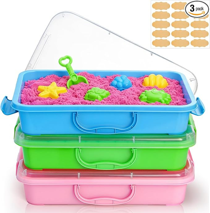 3 Pack Plastic Sensory Bins with Handle, 15 Stickers | Portable Clear Lid Sandbox Container, Larg... | Amazon (US)