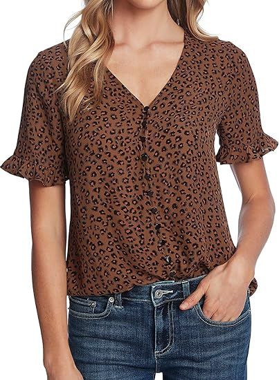 DOROSE Women's Casual V Neck Shirts Short Sleeve Leopard Print Chiffon Blouses Tops | Amazon (US)