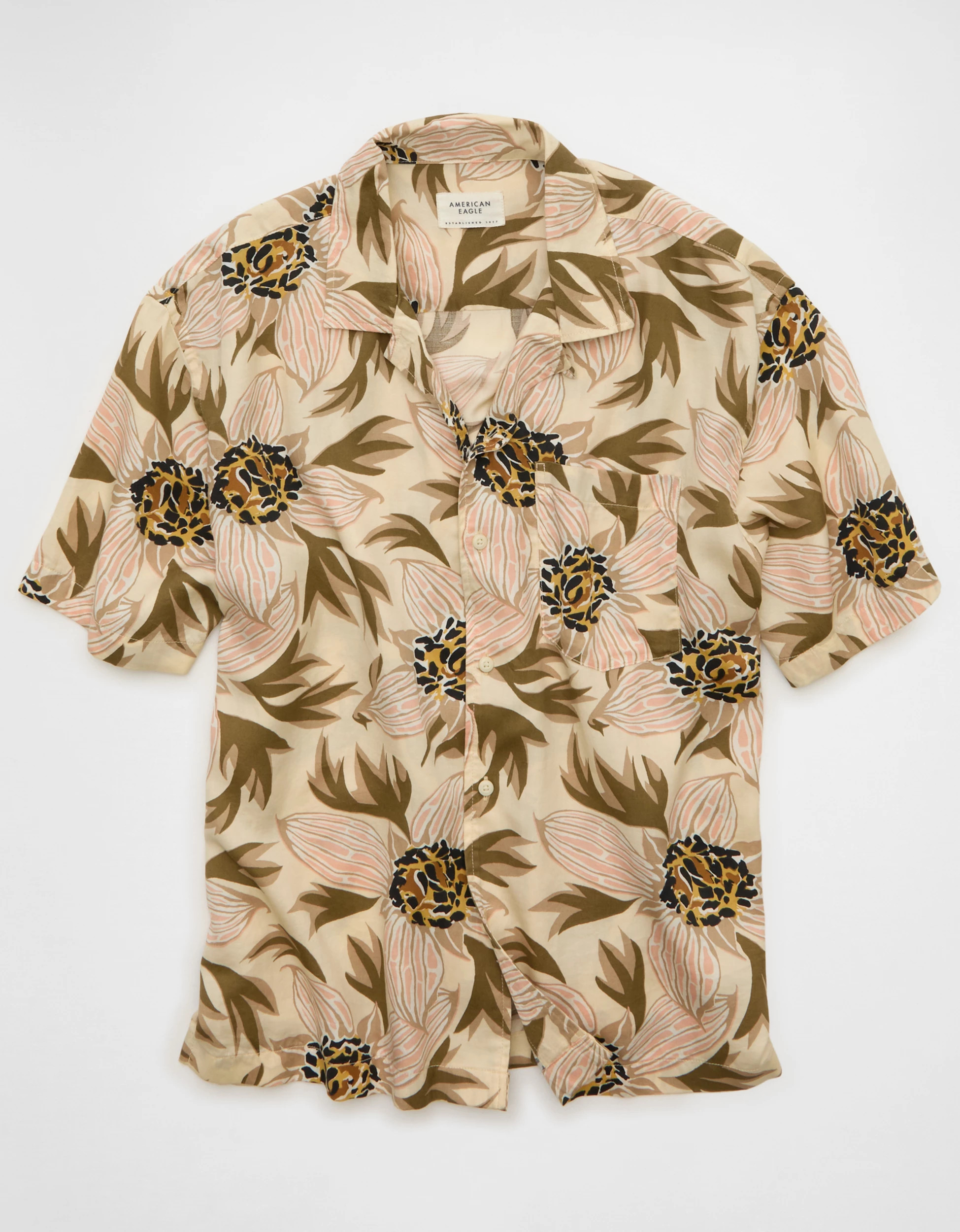 AE Relaxed Fit Camp Collar Button-Up Shirt | American Eagle Outfitters (US & CA)