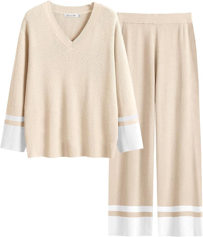 Caracilia Women's 2 Piece Outfits V Neck Long Sleeve Knit Sweater Set Fashion 2023 Lounge Matchin... | Amazon (US)