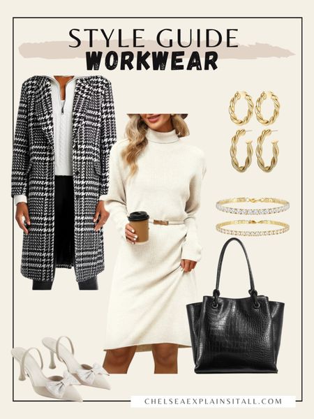 Chic workplace outfit with wardrobe staple neutrals that would be perfect in any capsule wardrobe. Swap the shoes, jacket or bag to turn the look into date night or holiday outfit vibes. 

Walmart finds, fall dress, workwear, work outfit, bow heels, amazon find, winter coat, plaid coat, houndstooth, oversized black bag, work bag 

#LTKshoecrush #LTKworkwear #LTKfindsunder50