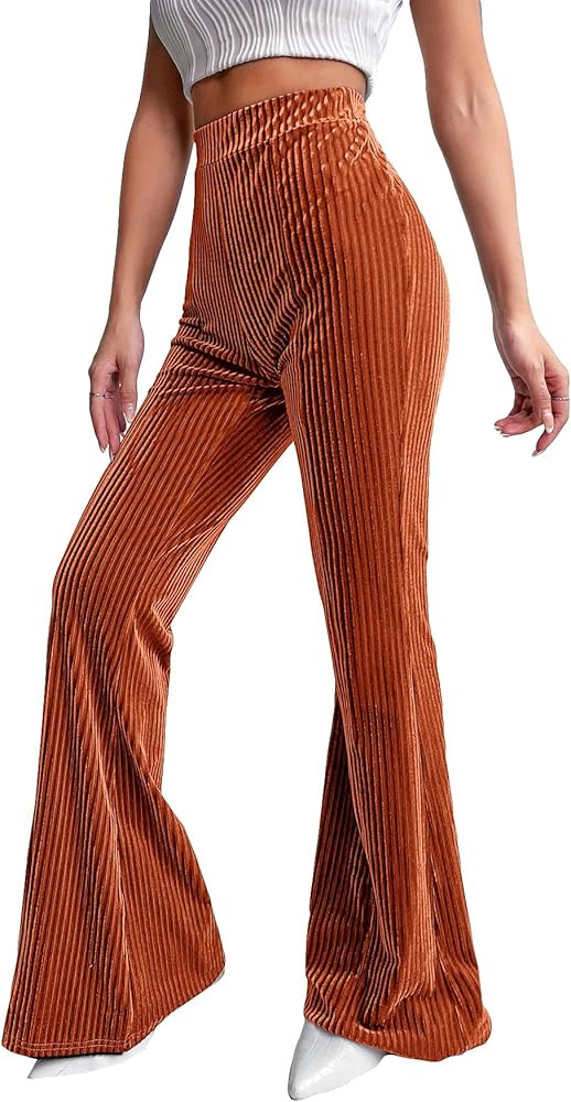 Floerns Women's Velvet Elastic Waist Flare Leg Palazzo Long Pants Trousers | Amazon (US)