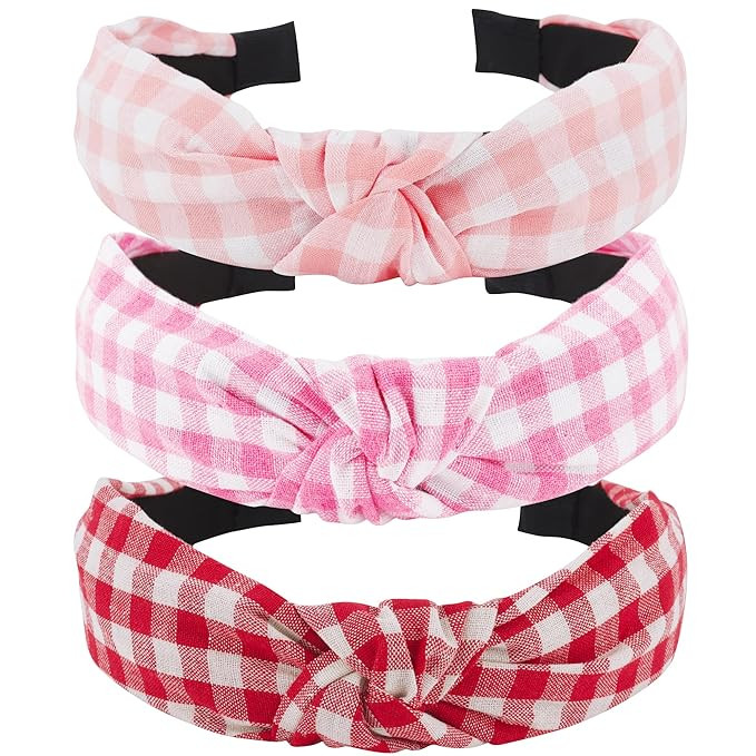 Pink Plaid Headband, 3 Pack for Women Girls, Christmas Hair Accessories, Pink and Red Knotted Top... | Amazon (US)
