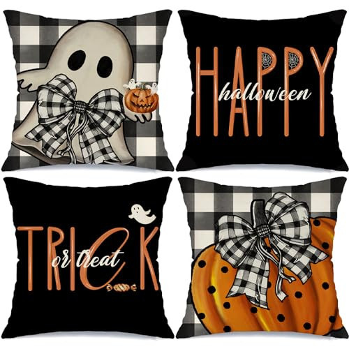 MODOVOS Halloween Decorations Pillow Covers 18x18 Set of 4 Spooky Pumpkin Throw Pillow Covers Indoor Outdoor Buffalo Plaid Fall Decorative Pillow Covers Trick or Treat Cushion Cases for Sofa Couch | Amazon (US)