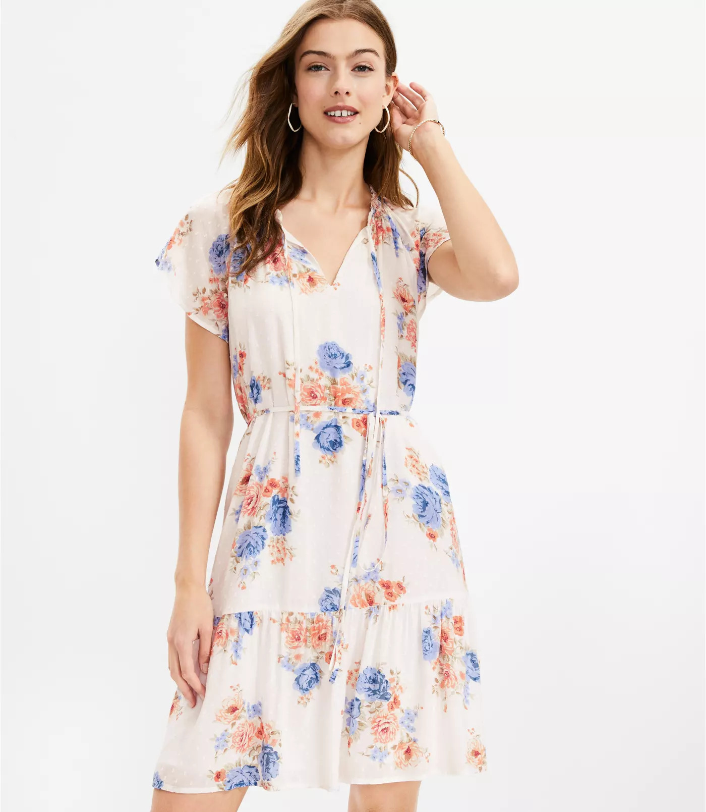 Floral Flutter Tie Neck Dress | LOFT | LOFT