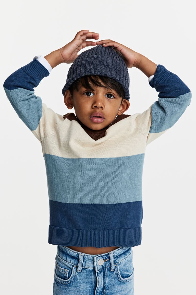 Jacquard Knit Cotton Sweater - Dark blue/Block stripe - Kids | H&M AU | H&M (AU)