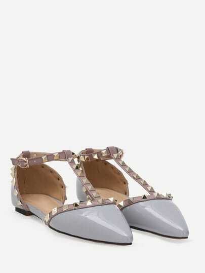 Grey Faux Patent Studded T-Strap Flats | SHEIN