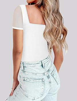 Chunpin Women's Square Neck Bodysuit Ruched Top Mesh Long Sleeve Bodysuits Thong Body Suits Leota... | Amazon (US)