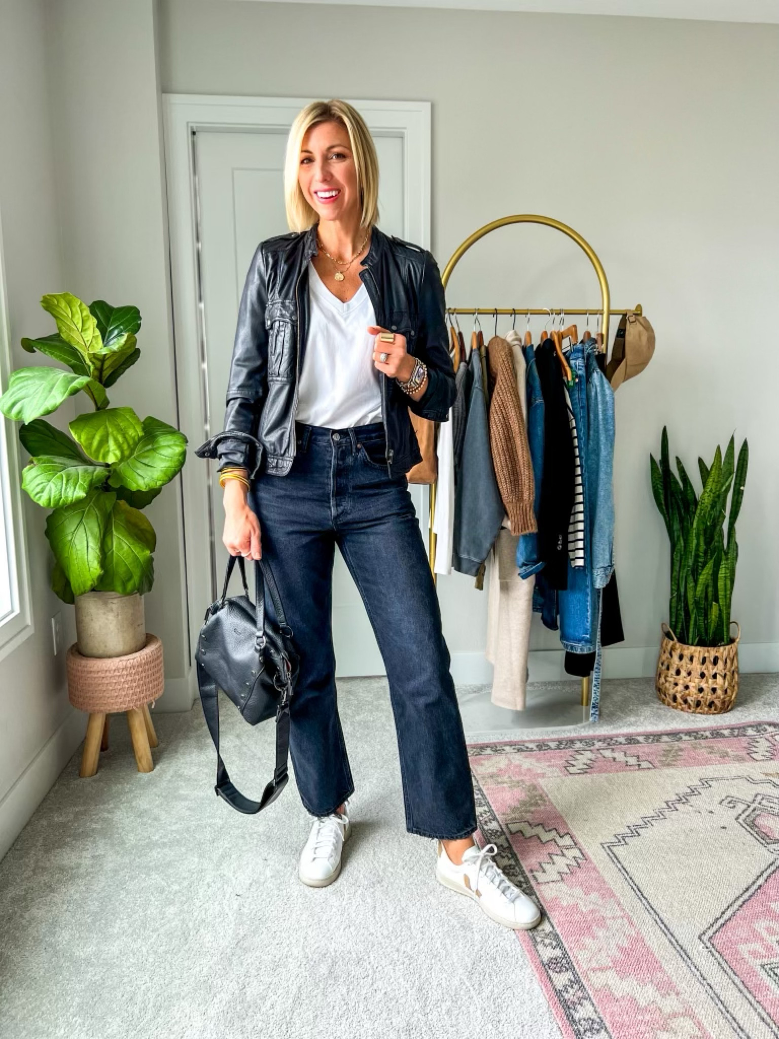 Same outfit multiple ways, black denim, basic white tee, jacket, cardigan, sneakers, Sarah Kelly Style

#LTKstyletip #LTKSeasonal #LTKFind