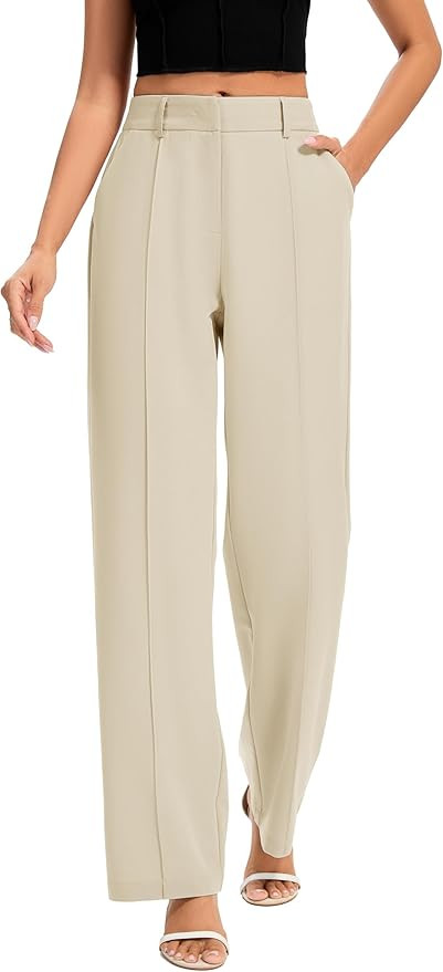 FUNYYZO Women Long Dress Pants High Waisted Work Pants Dressy Casual Straight Leg Elastic Waist T... | Amazon (US)