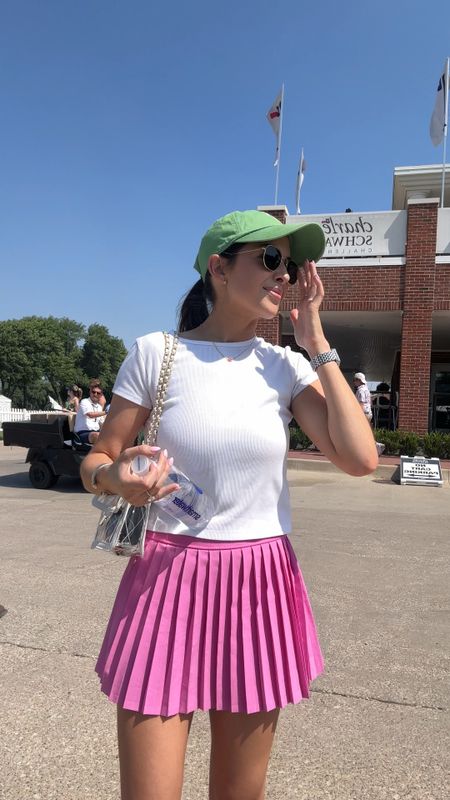 What I wore to the Colonial ⛳️ pink skirt is 20% off today! Comes in multiple colors 

golf outfit, golf ootd, green adidas sambas outfit 

#LTKFindsUnder100 #LTKSaleAlert #LTKStyleTip