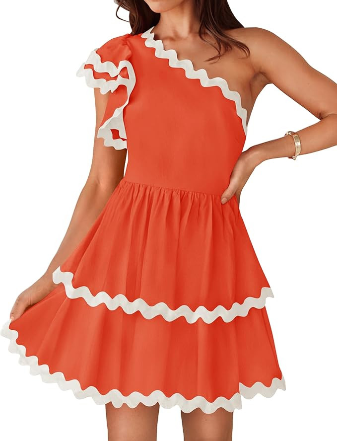 ZESICA Women's 2025 Summer One Shoulder Dresses Ruffle Short Sleeve Tiered Layered Swing A Line M... | Amazon (US)