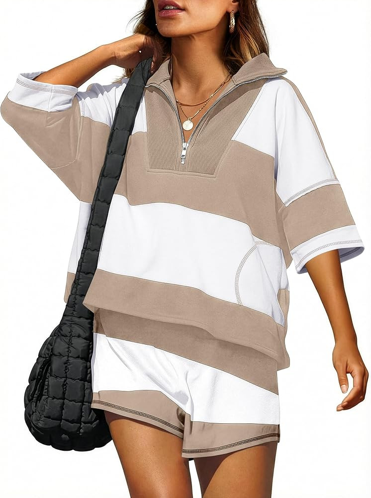 ANRABESS Striped Short Sets for Women 2 Piece Outfits Summer Casual Oversized Workout Athletisure... | Amazon (US)