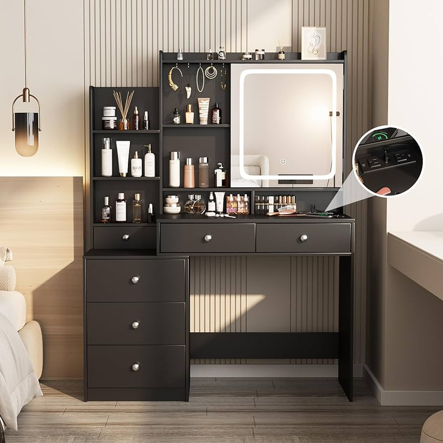 Vabches Vanity Desk with Mirror and Lights,Makeup Vanity with 6 Drawers and Shelves,Dressing Tabl... | Amazon (US)