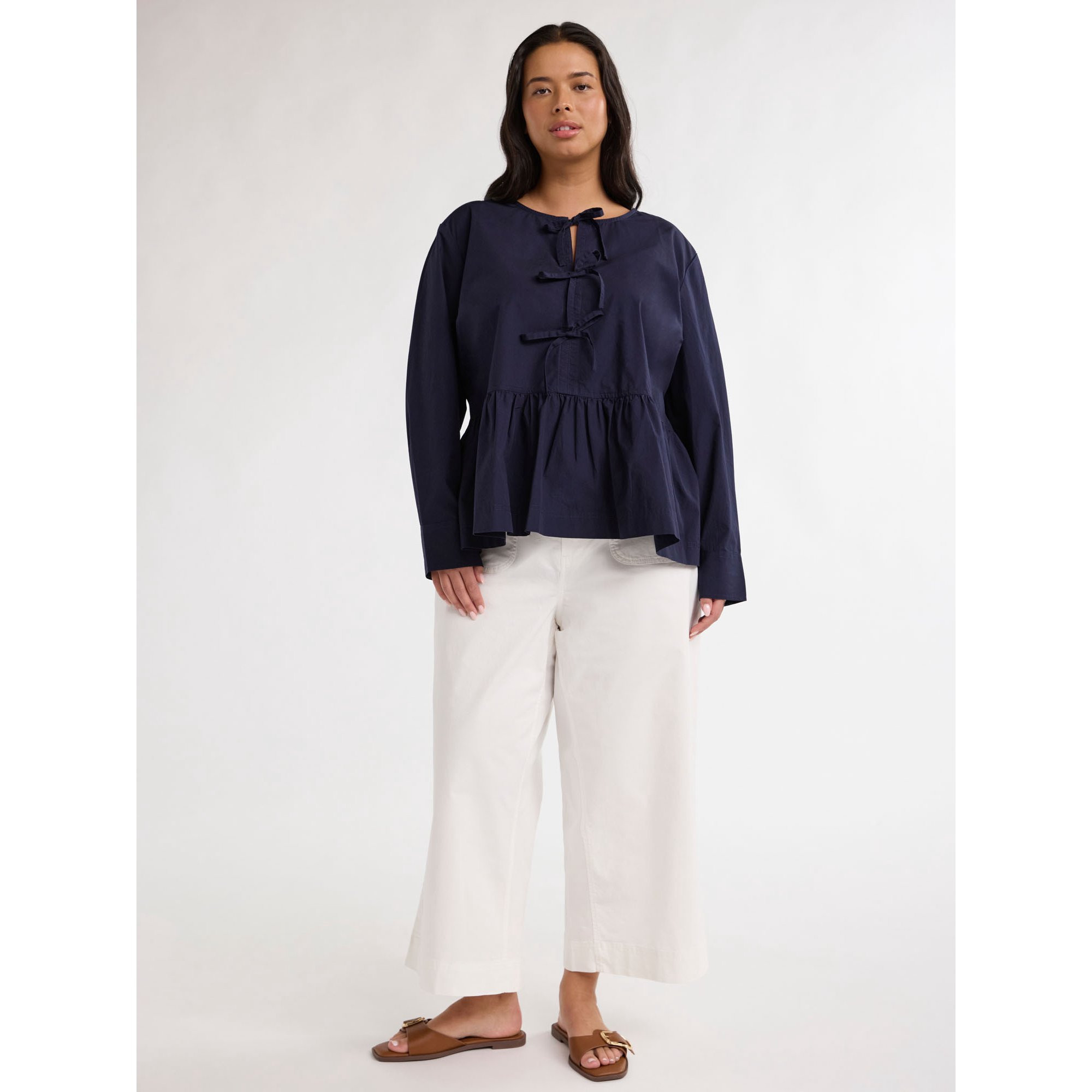 Free Assembly Women’s Plus Size Cotton Bow Front Top with Long Sleeves, Sizes 1X-4X | Walmart (US)