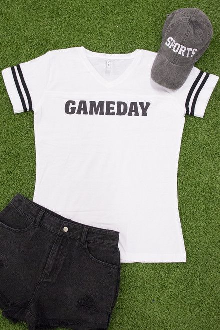 Gameday Bold V-Neck White Varsity Graphic Tee | The Pink Lily Boutique