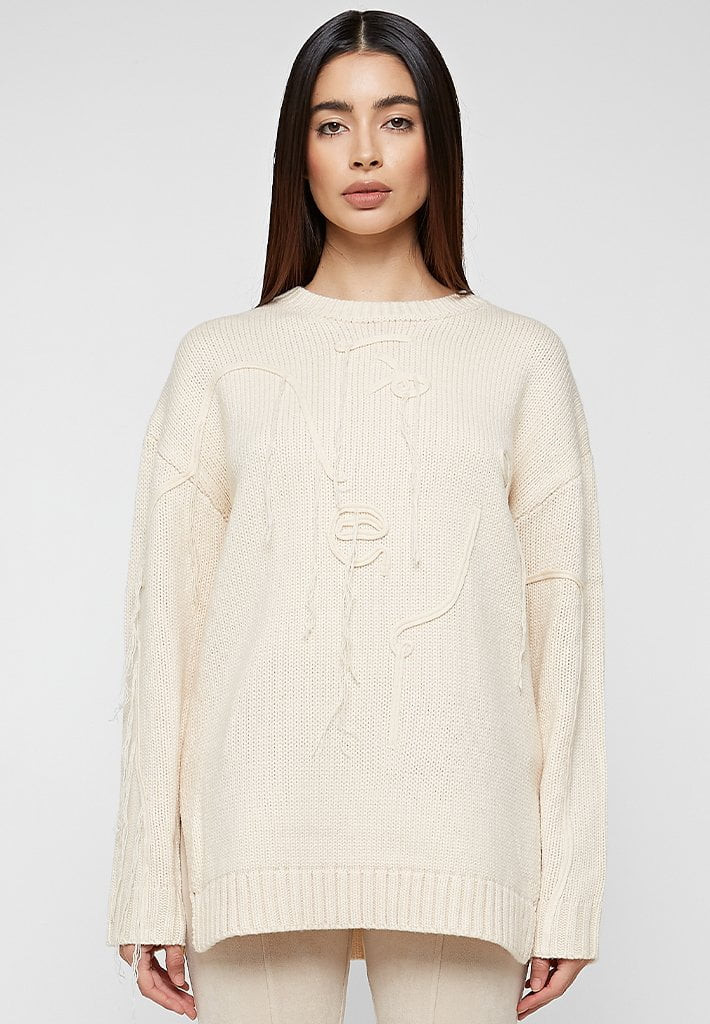 Line Art Chunky Knit Jumper - Beige | Maniere De Voir