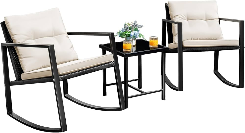 Flamaker Patio Chairs 3 Piece Wicker Rocking Chair Outdoor Bistro Sets with Coffee Table and Cush... | Amazon (US)