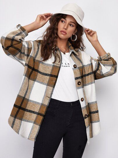 SHEIN Drop Shoulder Curved Hem Plaid Coat | SHEIN