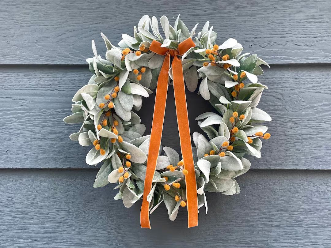 lambs ear fall wreath, pumpkin spice wreath, orange fall wreath, farmhouse fall wreath, Thanksgiv... | Etsy (US)