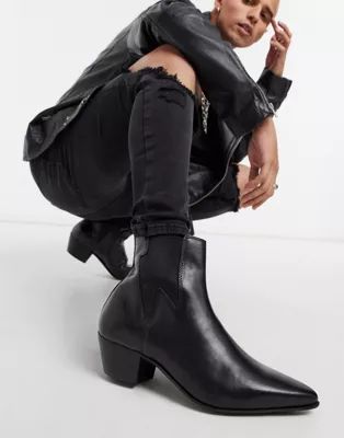 ASOS DESIGN stacked heel western chelsea boots in black leather with lightning detail | ASOS (Global)