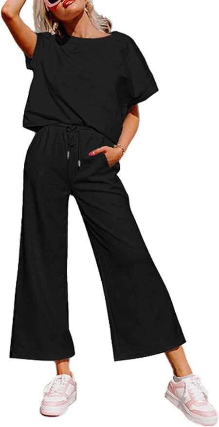 Glamaker Womens 2 Piece Outfits Lounge Sets Short Sleeve Loose Fit Top and Wide Leg Pants Set Swe... | Amazon (US)