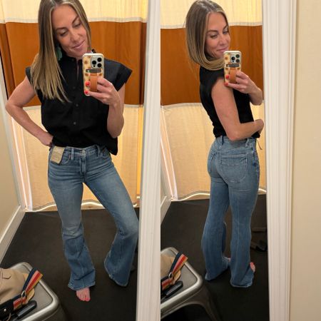 Get your true size - I would need a 25 regular length and would wear with heels 
.
Madewell flare jeans 