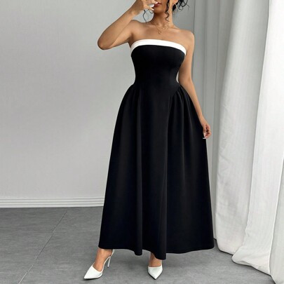 Elegant And Sexy Strapless Ruched Fitted Knitted Elastic Fabric Autumn/Winter Dress Maxi Women Outfit | SHEIN