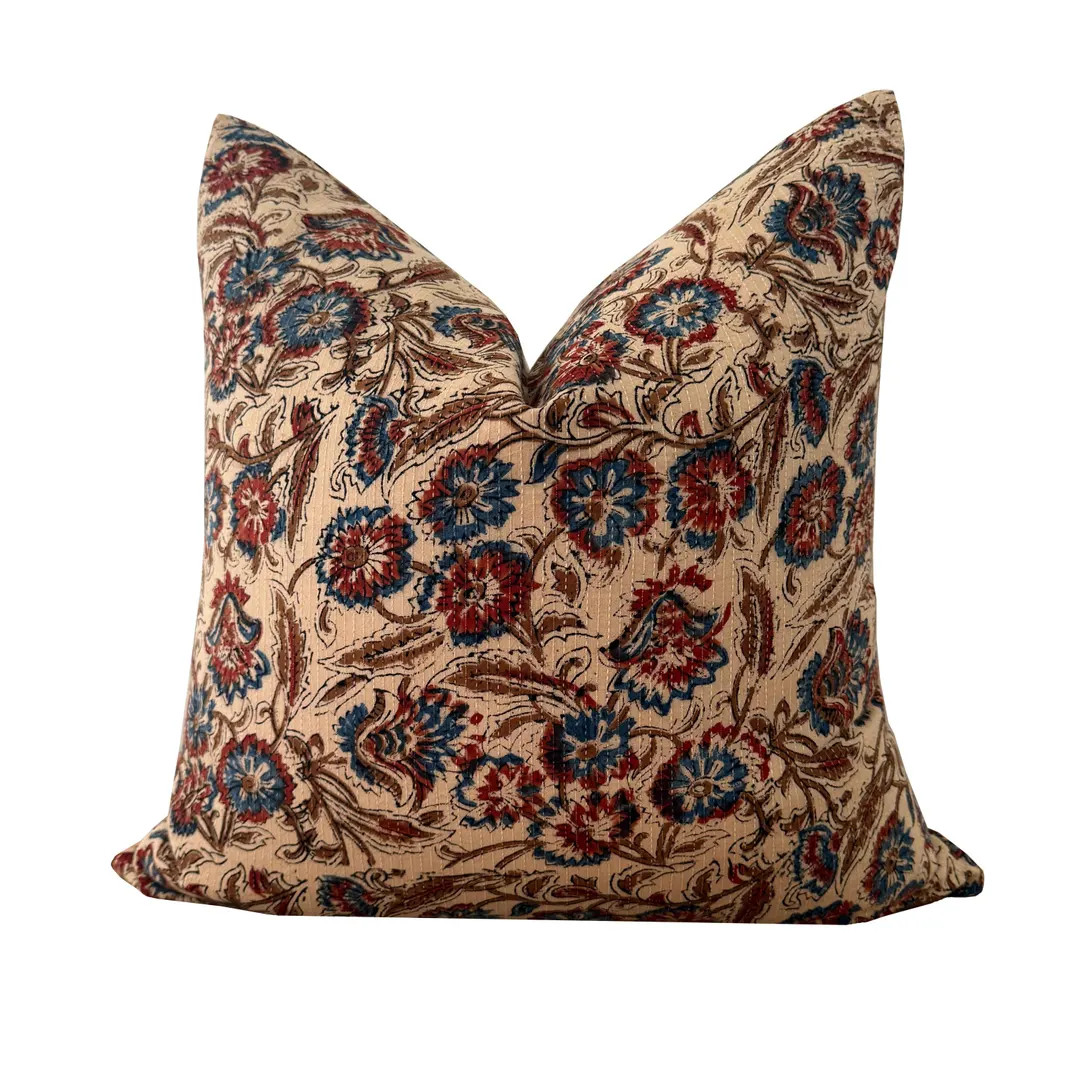 Floral Block Print Pillow Cover With Kantha Stitching - Etsy | Etsy (Global)