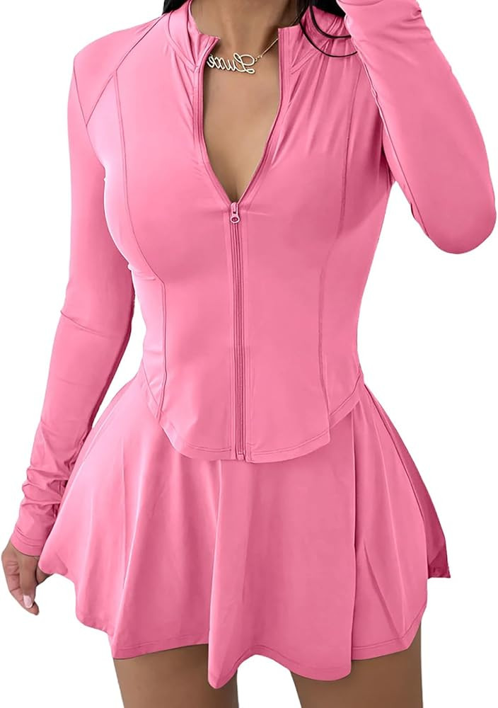 Vssjavun Women 2 Piece Mini Skirt Sets with Long Sleeve Zipper Workout Jacket Sweatsuit Tracksuit... | Amazon (US)