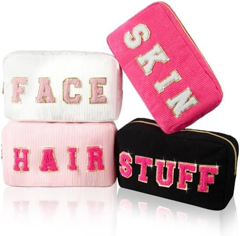 Pinkunn 4 Pcs Preppy Makeup Bags Chenille Letter Travel Organizer Face Skin Hair Stuff Corduroy C... | Amazon (US)