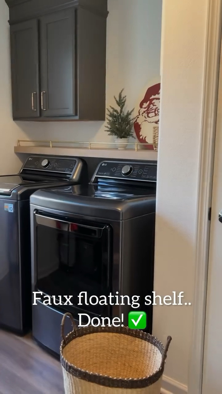 I never thought we would be able to add a shelf above our washer/dryer because we have a top load washer. Luckily, with a faux floating shelf, it’s possible 🙌🏻

I LOVE this shelf in here! It adds texture & warmth (if you know me, that’s what I look to add to every space), and it adds some functionality (dryer sheets right above the dryer? Yes please) ❤️

I’m so happy we made this change in here and we’ve slowly made this space work best for US!!

Would you add a shelf like this to your laundry space?

#fauxfloatingshelf #diyshelf #brassrail #laundryroomupdate #smalllaundryroom #etsy @etsy

#LTKFindsUnder100 #LTKHome