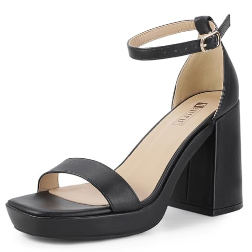 IDIFU Black Heels for Women Platform Heels High Chunky Block Square Toe Heels Wedding Prom Bridal Dress Shoes Sexy Dressy Comfortable Heeled Sandals Open Toe Ankle Strap Thick Heels(Black Pu, 8) | Amazon (US)