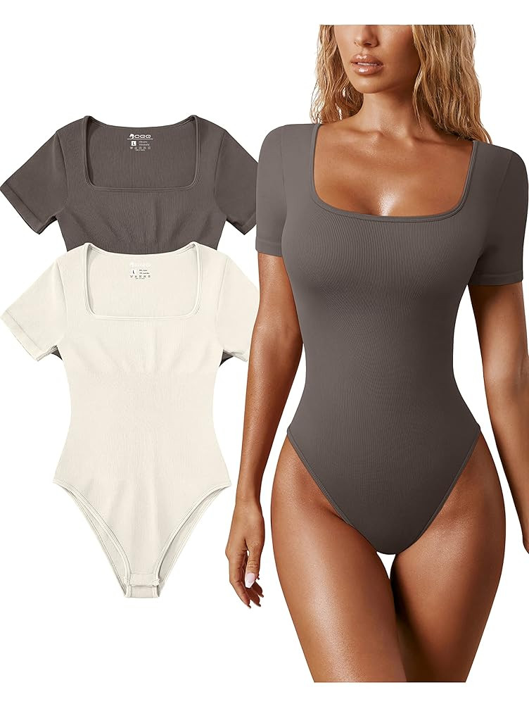 OQQ Women's 2 Piece Bodysuits Sexy Ribbed One Piece Square Neck Short Sleeve Bodysuits | Amazon (US)