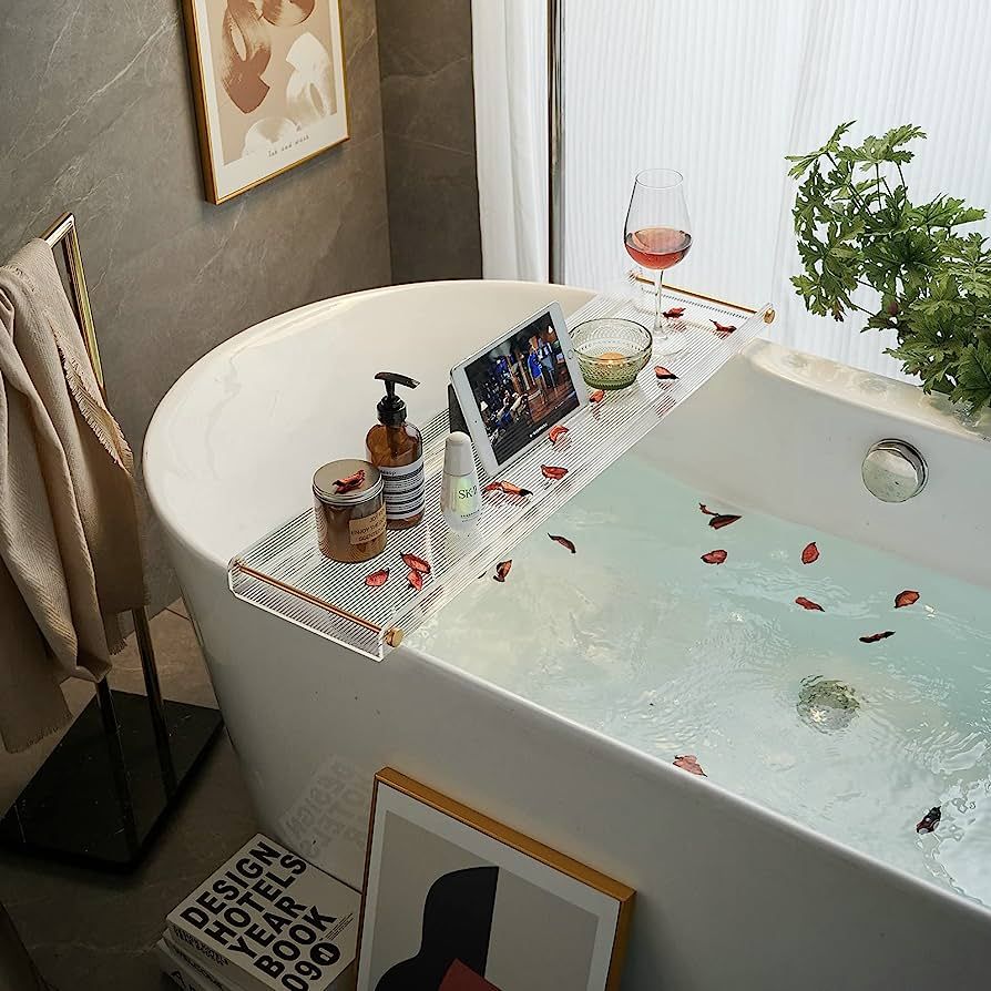 Bathtub Tray Acrylic Bath Tray Bathtub Caddy Non-Slip Bath Tub Tray Table with Gold Brushed Handl... | Amazon (US)
