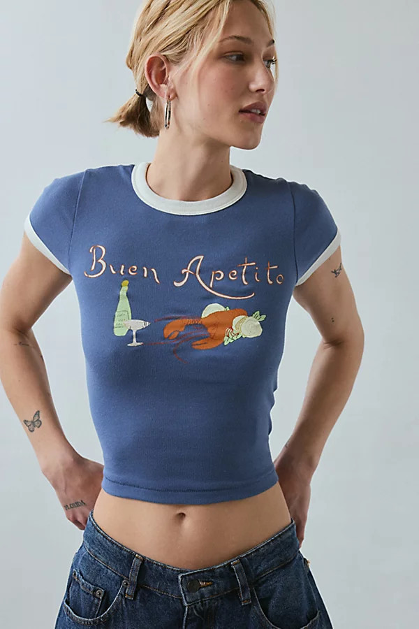 BDG Too Perfect Buen Apetito Graphic Ringer Baby Tee in Navy, Women's at Urban Outfitters | Urban Outfitters (US and RoW)