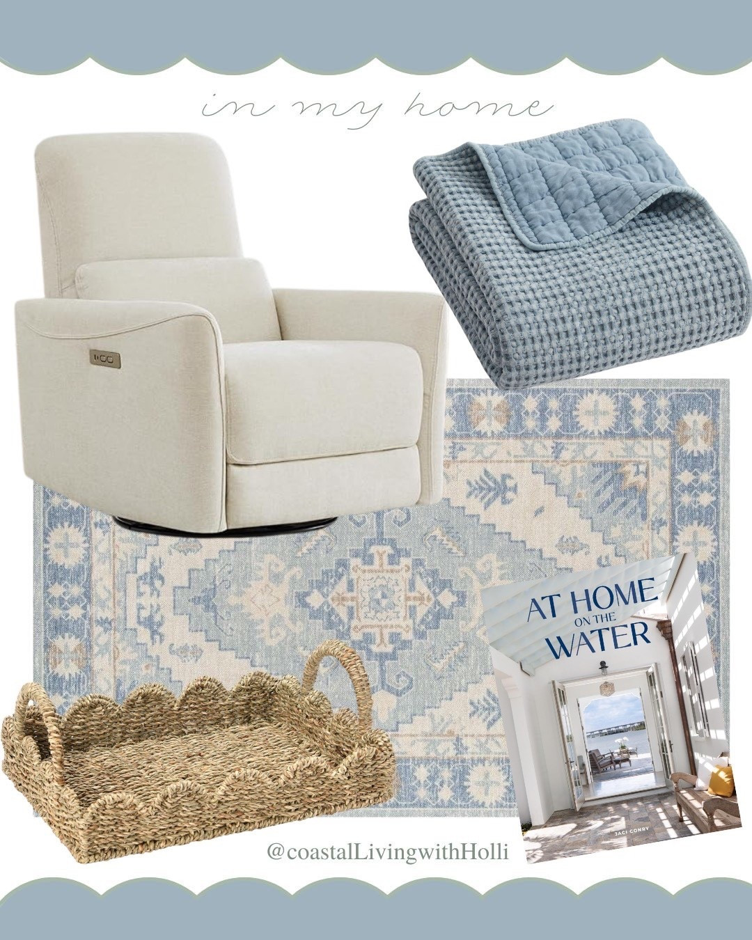Coastal home favorites 🌊 Neutral recliner, scalloped tray, soft throw + a dreamy rug = instant laid-back luxury 🐚✨ The perfect mix of comfort + coastal charm to create a space you’ll never want to leave.
#CoastalHomeDecor #CoastalLivingWithHolli #BeachHouseStyle #SeasideStyle #CoastalCottage

#LTKFindsUnder50 #LTKHome #LTKOver40